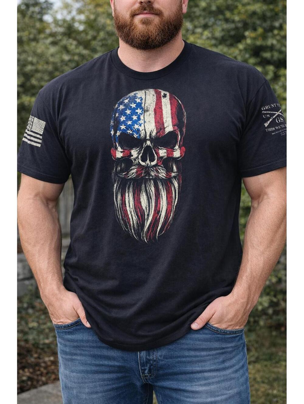 Grunt Style Patriotic Skull Beard Graphic T Shirt Black size 3X